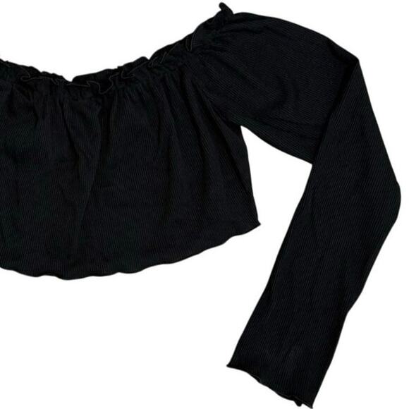 Nasty Gal Long Sleeve Crop Top Black Size Medium (8) Ribbed Ruffle Hem Stretch - Picture 6 of 10